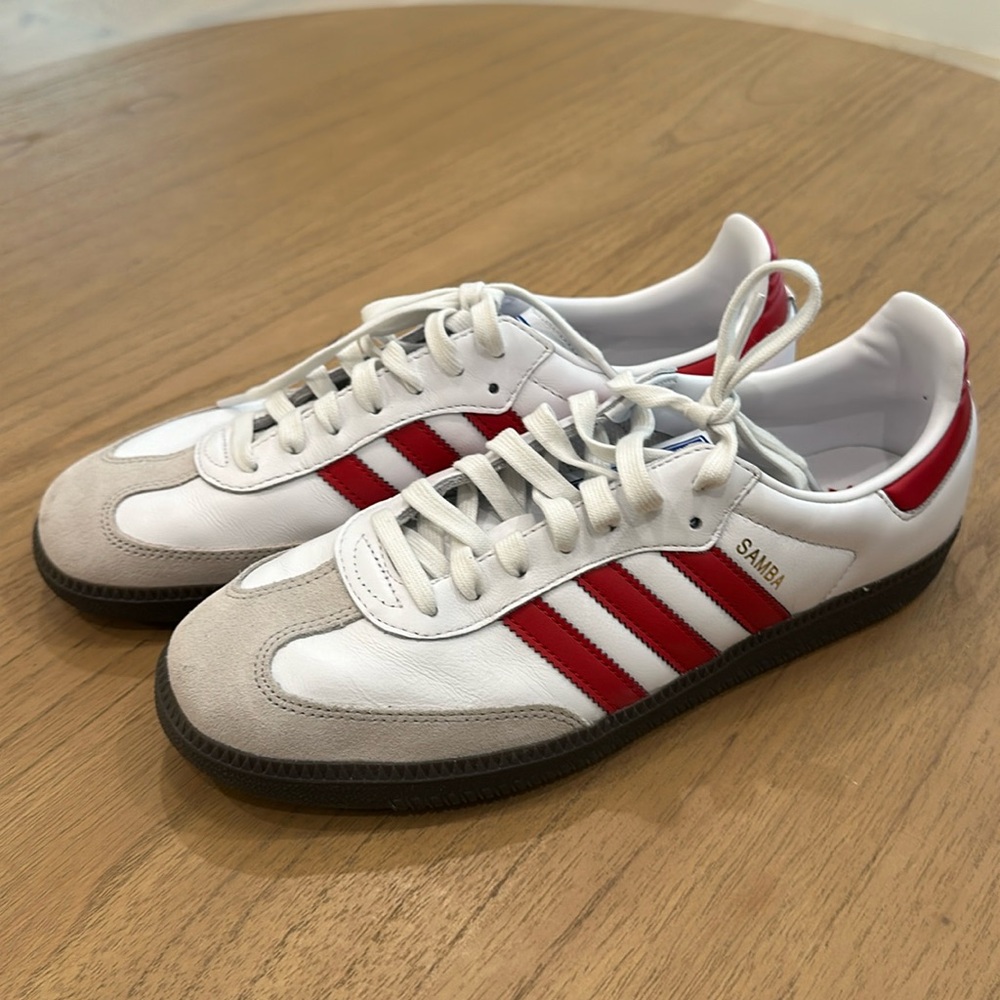 Adidas Samba (red and white, men’s size 10.5)